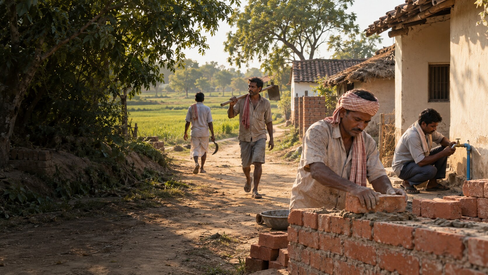 कुशीनगर में काम करते मजदूर और कारीगर